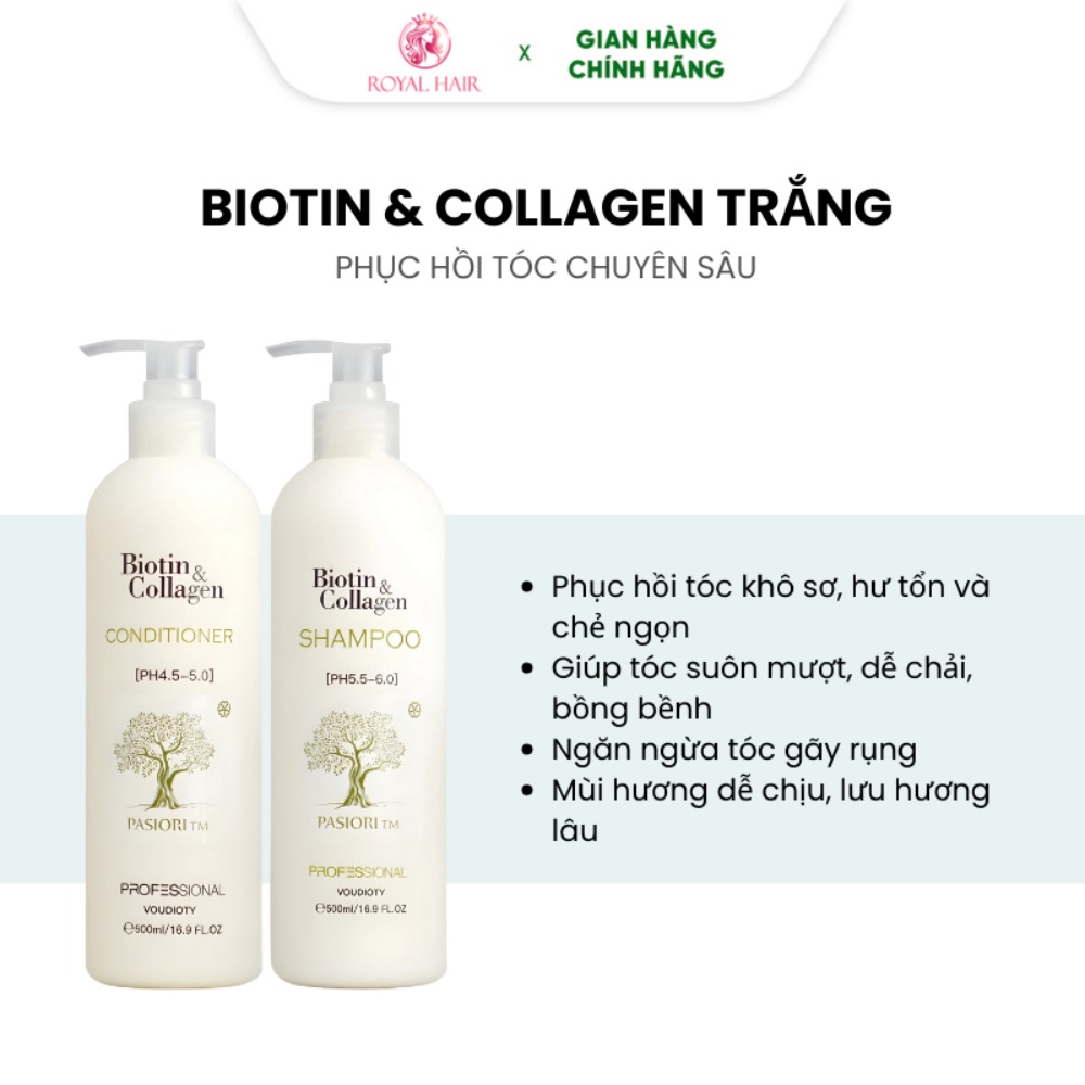Dầu gội xả Biotin Collagen Voudioty 500ml - 1000ml chống rụng tóc, phục hồi , giảm gàu, kiểm soát dầu (tròn)