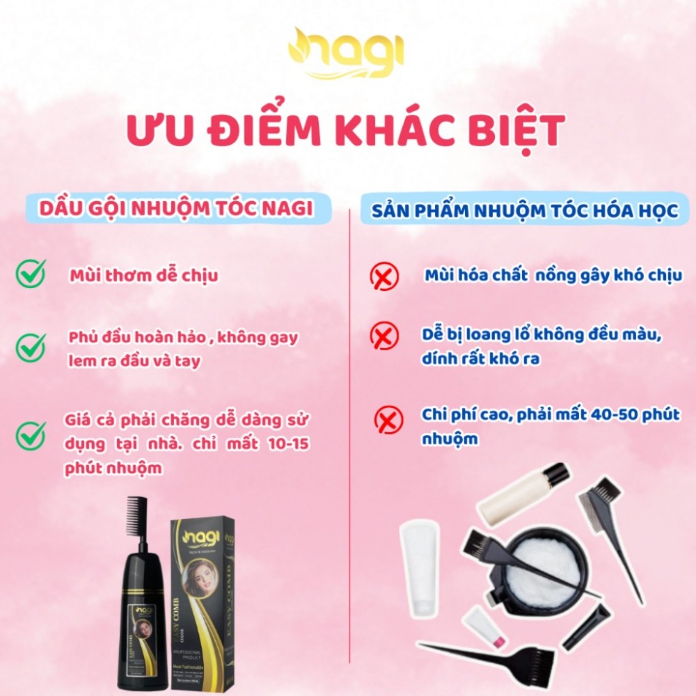 Dầu gội nhuộm tóc Nagi, dầu gội thảo dược chiết xuất từ thiên nhiên không gây khô xơ tóc chai 400ml
