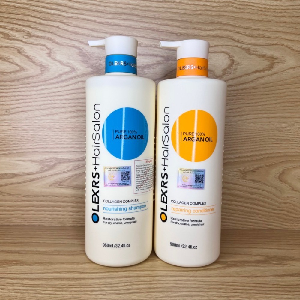 Cặp dầu gội xả Olexrs+HairSalon Argan Oil Collagen, Dầu gội phục hồi tóc, chống rụng kích mọc tóc