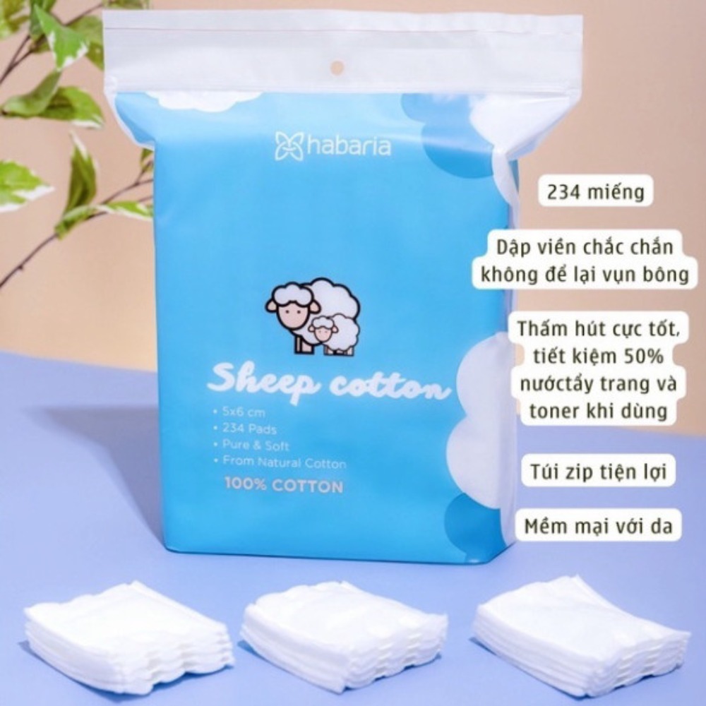 Bông Tẩy Trang Cừu Habaria Sheep 100% Cotton Bịch 234 Miếng, Mềm Mại, Dày Dặn myphambamboo