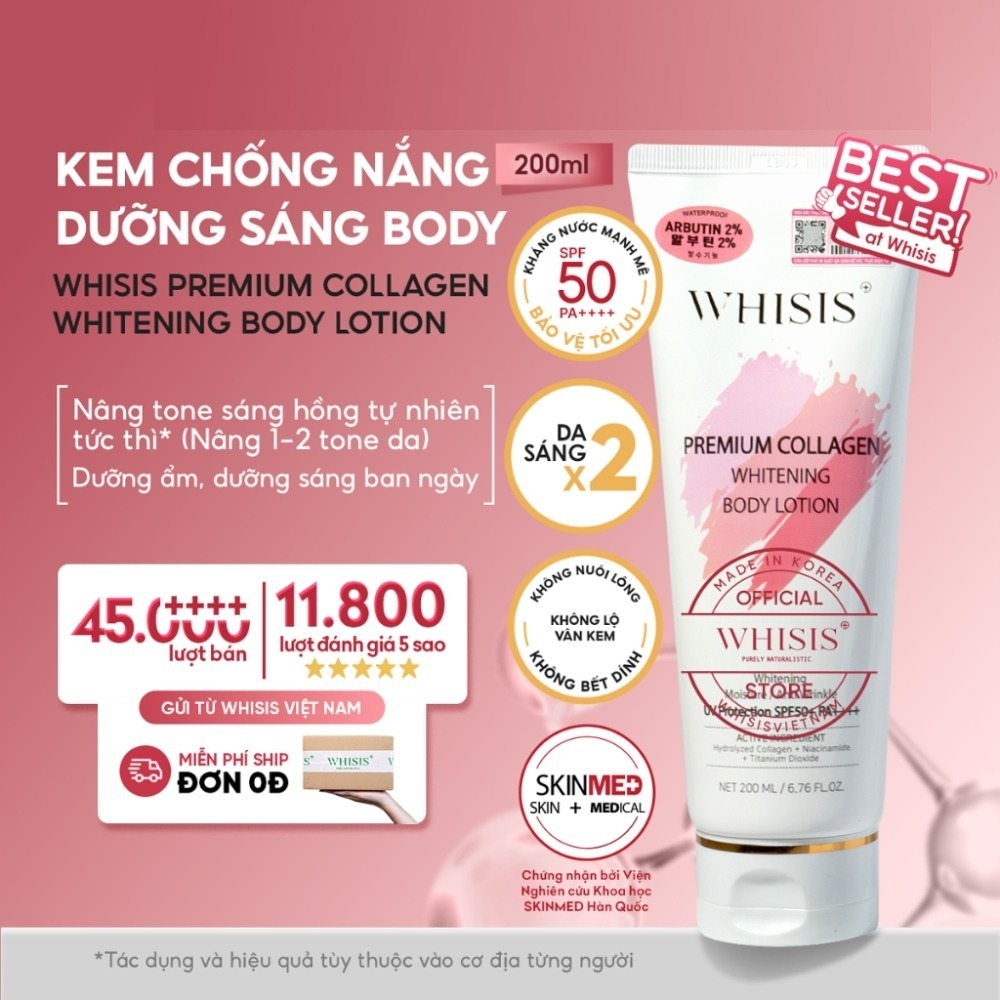 Kem Body Dưỡng Trắng Da Chống Nắng Nâng Tone Tức Thì WHISIS Premium Collagen Whitening Body Lotion 200ml SPF50+ PA++++