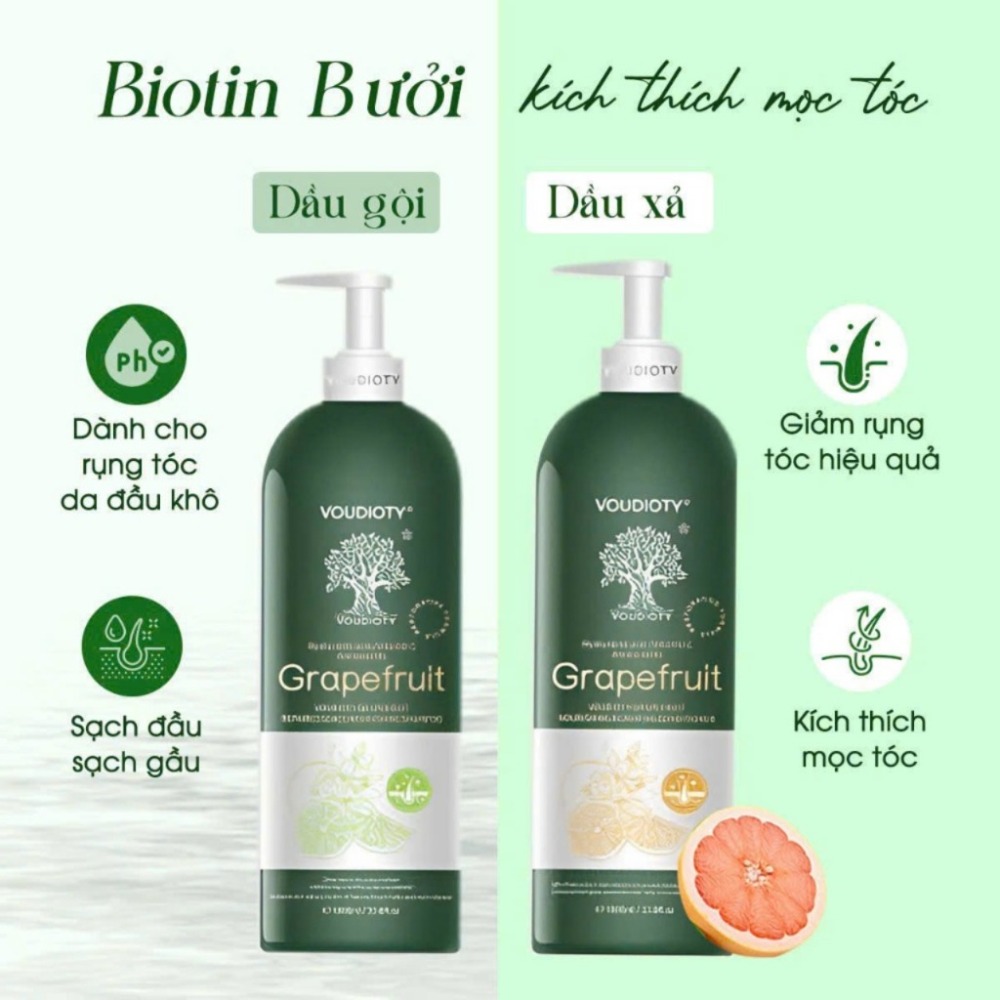 Cặp Dầu Gội Xả Bưởi Biotin Voudioty 500ML - 1000ML Giúp giảm rụng tóc, kích mọc, phục hồi tóc hư tổn