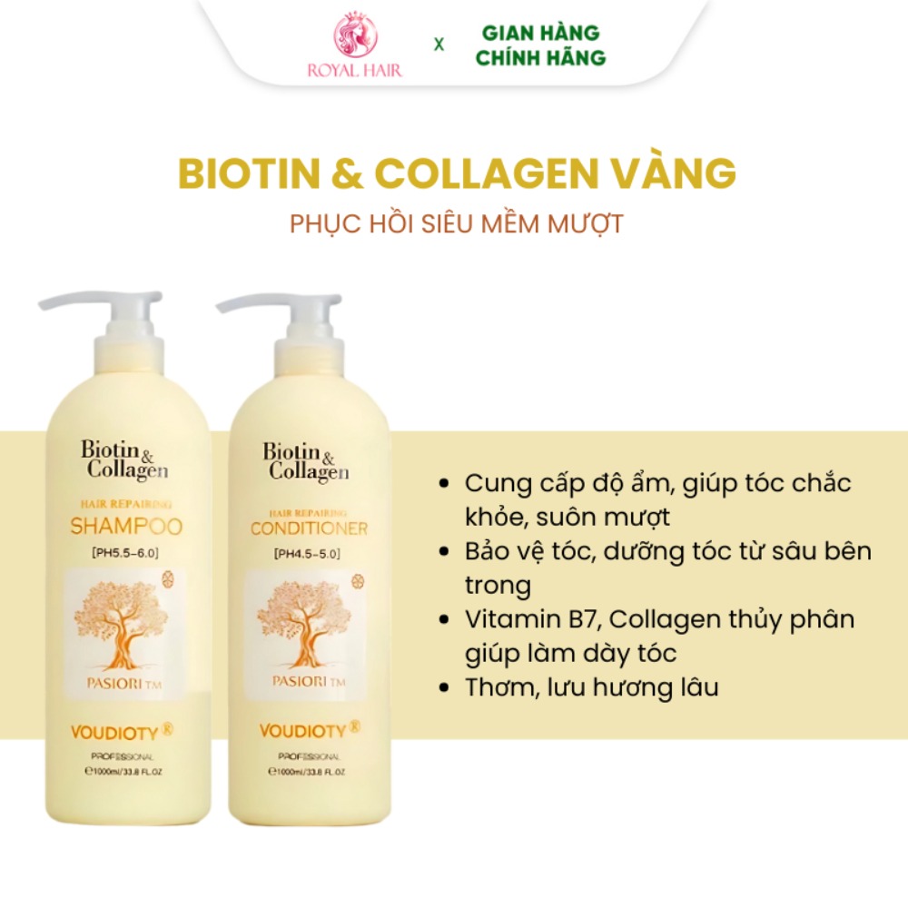 Dầu gội xả Biotin Collagen Voudioty 500ml - 1000ml chống rụng tóc, phục hồi , giảm gàu, kiểm soát dầu (tròn)