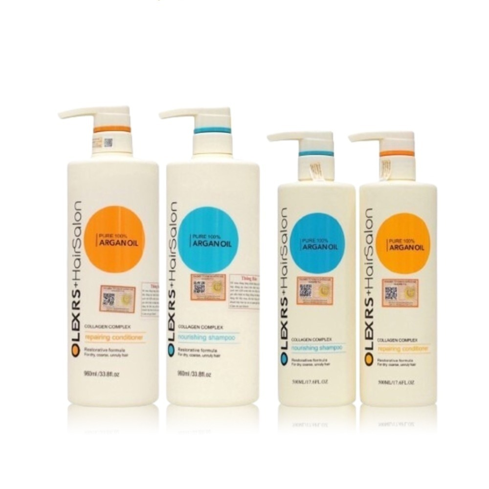 Cặp dầu gội xả Olexrs+HairSalon Argan Oil Collagen, Dầu gội phục hồi tóc, chống rụng kích mọc tóc