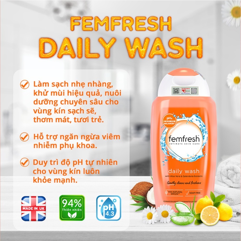 Dung Dịch Vệ Sinh Phụ Nữ Femfresh Daily Wash 250ml - Giúp cân bằng pH cho vùng nhạy cảm - Thương hiệu Femfresh