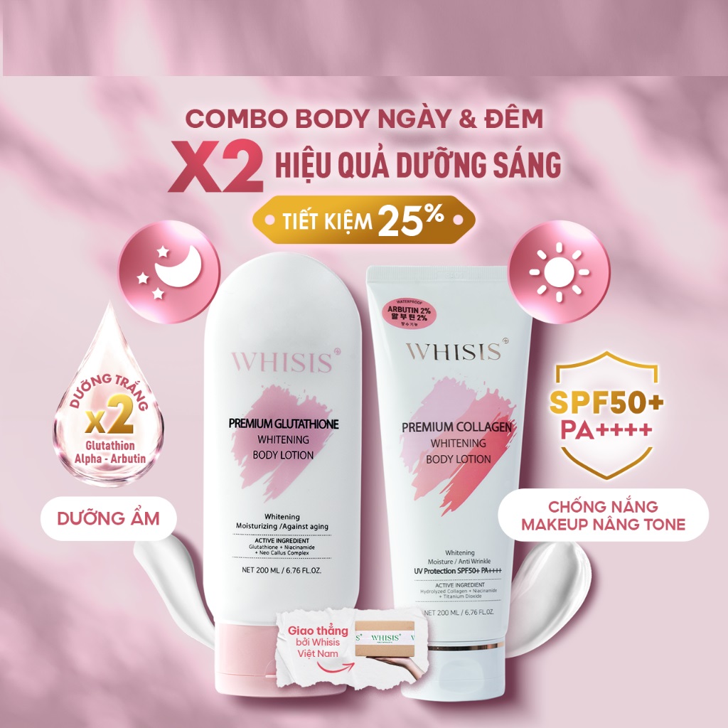 Combo Dưỡng Thể Ngày&Đêm X2 Dưỡng Da Sáng Hồng Body Whisis Premium Collagen + Glutathione Whitening Body Lotion 200ml