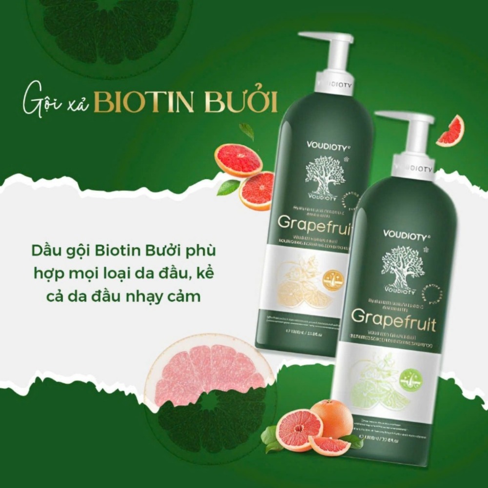 Cặp Dầu Gội Xả Bưởi Biotin Voudioty 500ML - 1000ML Giúp giảm rụng tóc, kích mọc, phục hồi tóc hư tổn