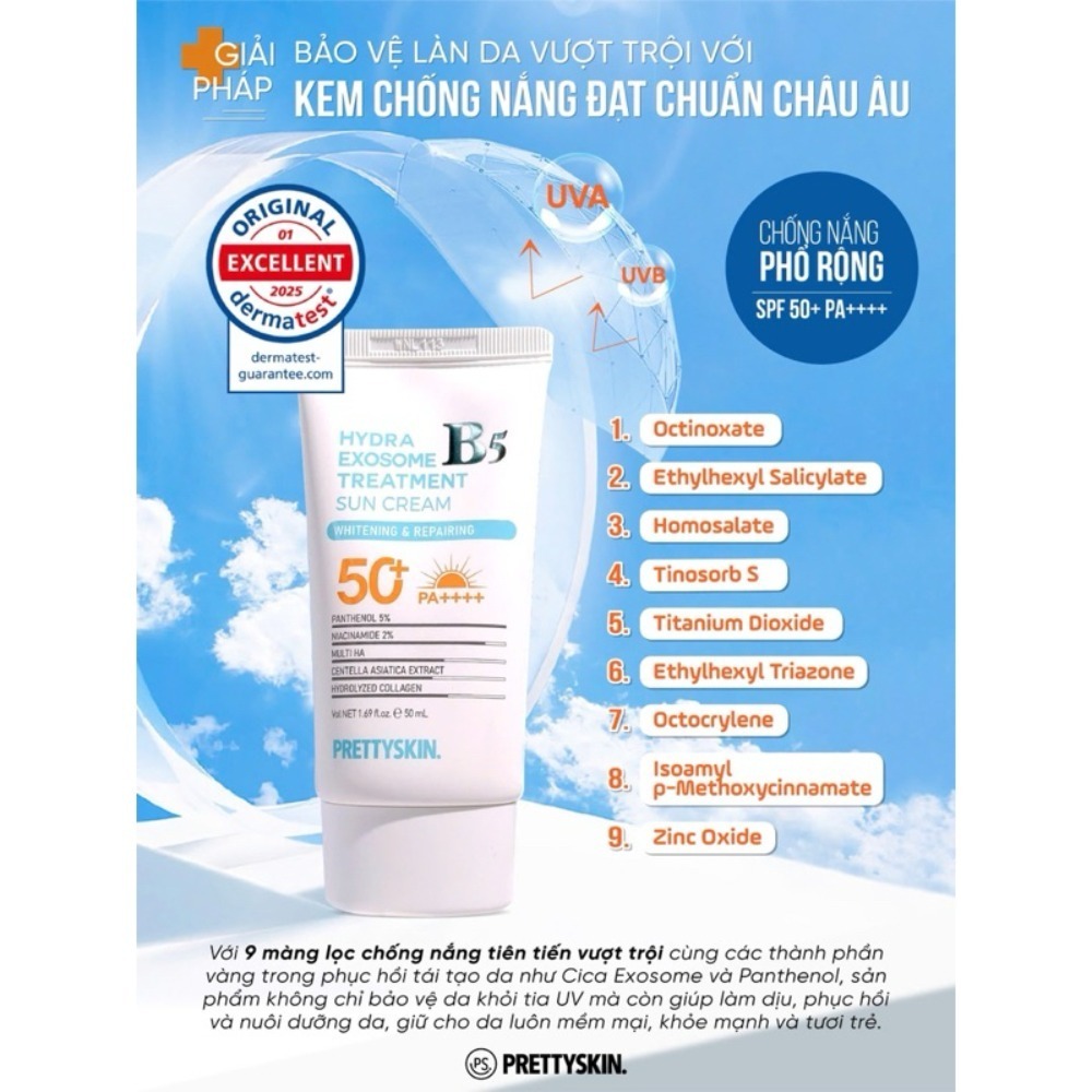 Kem chống nắng phục hồi Hydra B5 Exosome Prettyskin - 50ml