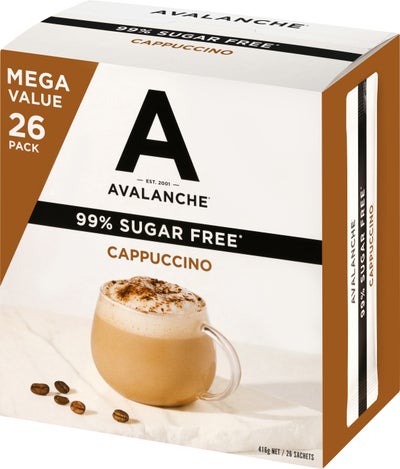 HỘP 26 GÓI CÀ PHÊ HÒA TAN 99% KHÔNG ĐƯỜNG MÍA, AVALANCHE Coffee Sticks, Mochaccino / Cappuccino, 416g