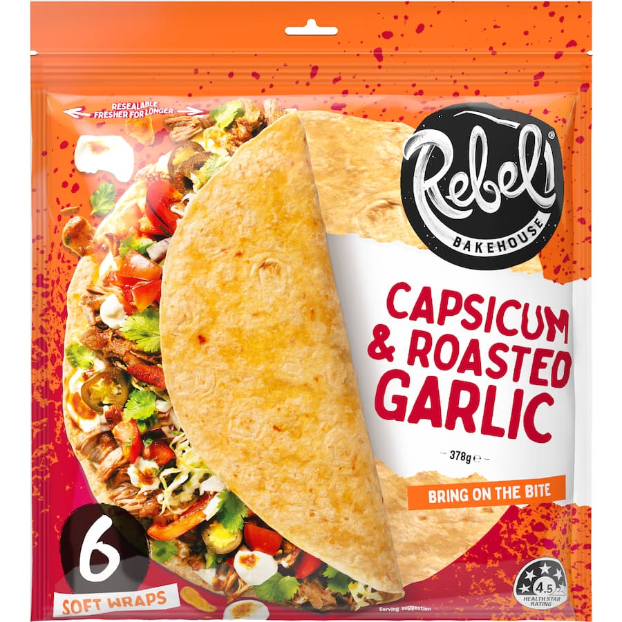 TÚI 6 BÁNH WRAP / TORTILLA Rebel Bakehouse, Spinach / Capsicum & Garlic / Wholegrain, Giàu Xơ, 378g