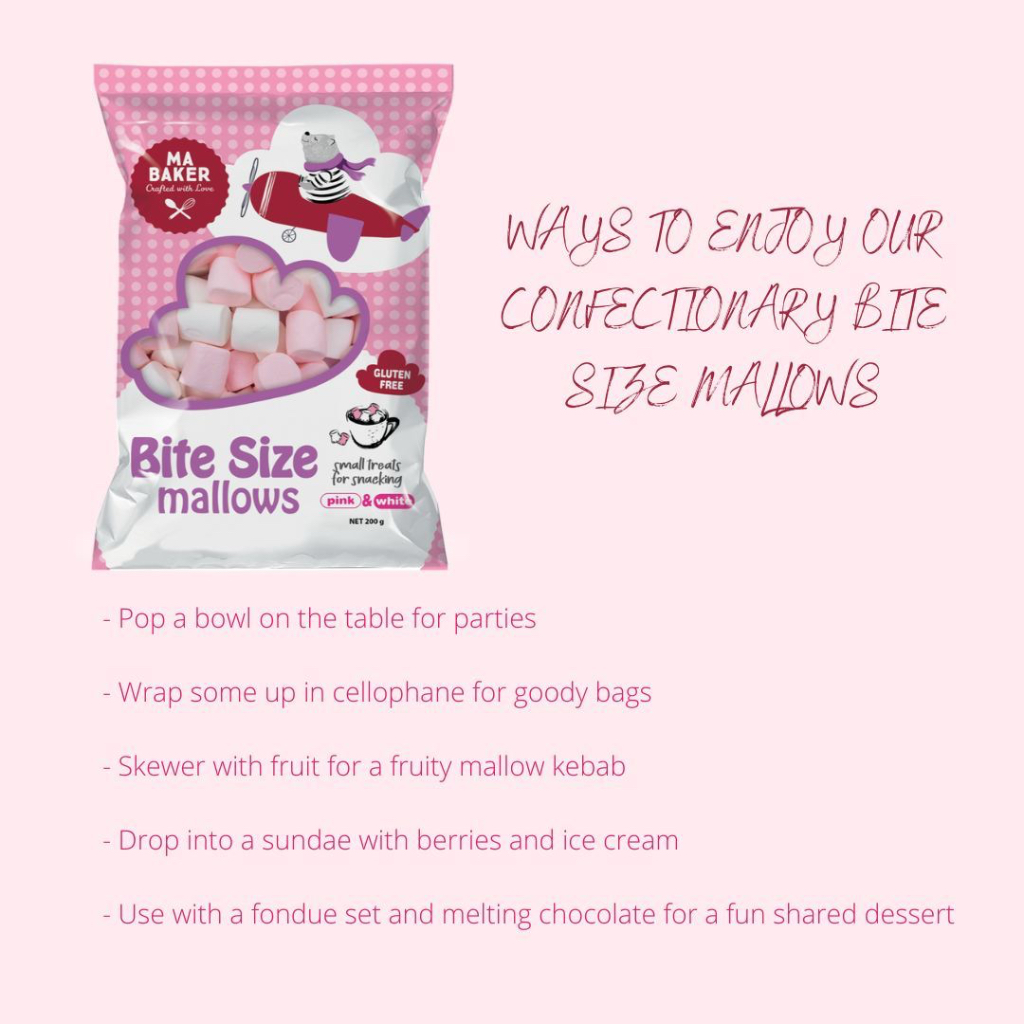 KẸO Marshmallow HỒNG – TRẮNG Ma Baker’s Bite Size Mallows – Pink & White, Gluten Free, 200g