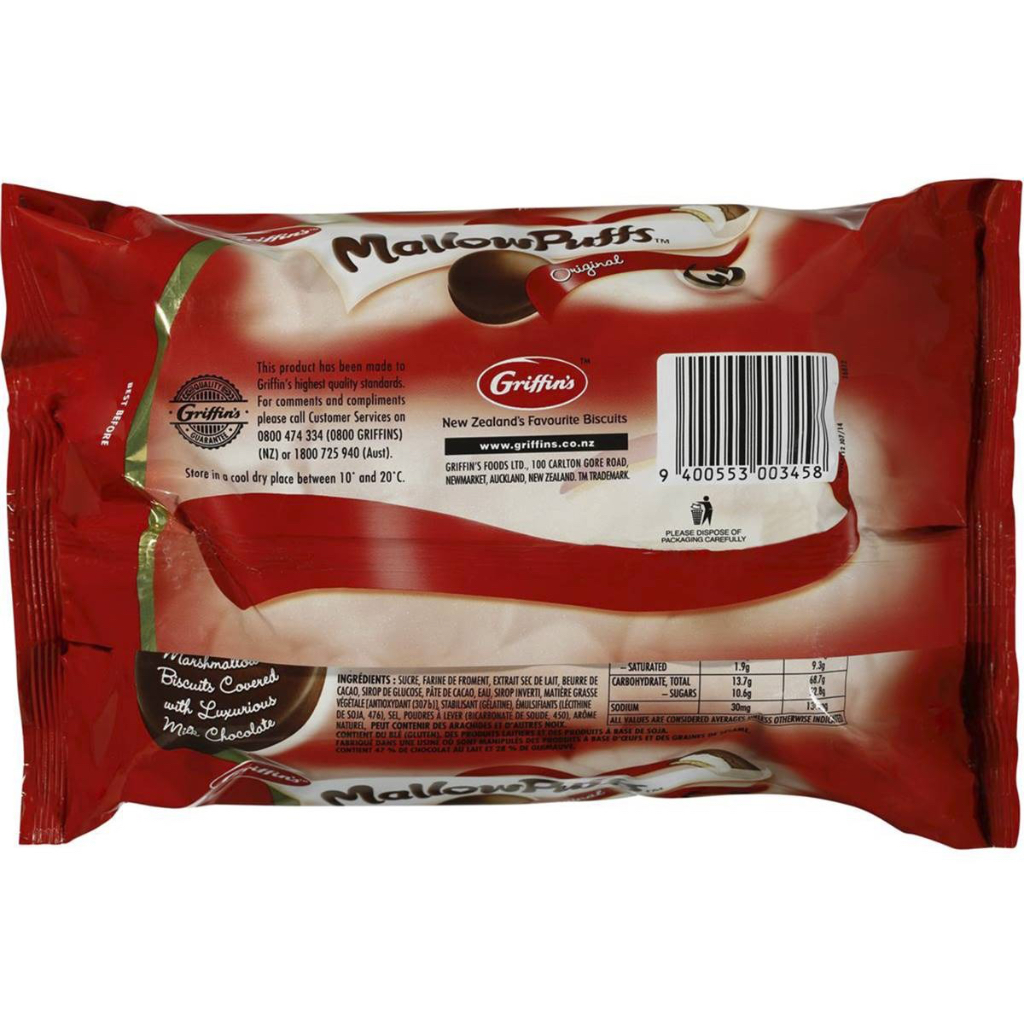 BÁNH QUY SOCOLA SỮA NHÂN XỐP MỀM Griffins Mallowpuffs Chocolate Biscuits, Original – Double Chocolate, 200g