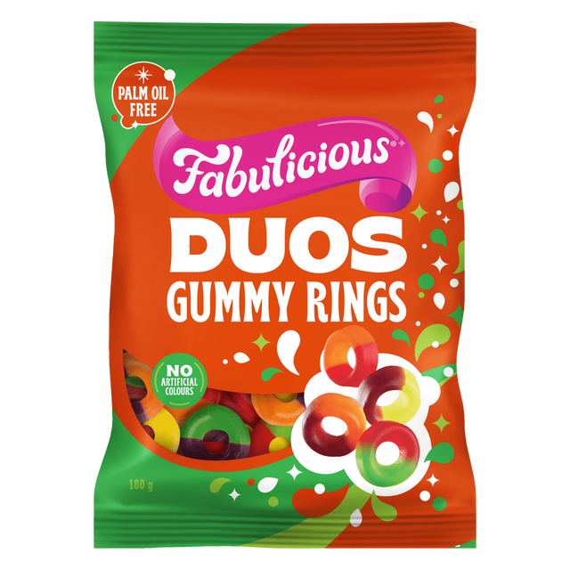 KẸO DẺO TRÁI CÂY RJ’s Fabulicious, Sherbet Fizz & Duos Gummy Rings, KHÔNG DẦU CỌ Palm Oil Free, KHÔNG MÀU – MÙI NHÂN TẠO