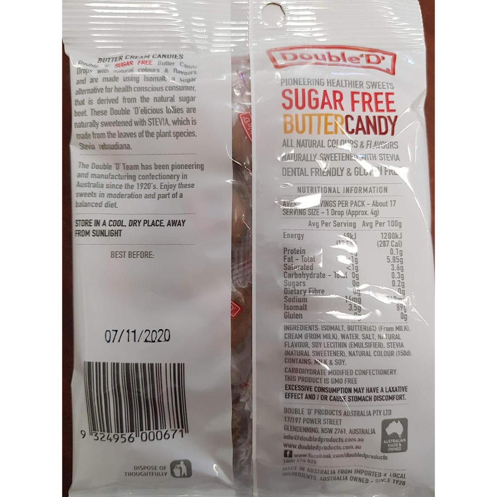 KẸO NGẬM TRÁI CÂY – KEM BƠ KHÔNG ĐƯỜNG Double ‘D’ Sugar Free FRUIT DROPS – BUTTER CREAM CANDY, 70KẸO NGẬM TRÁI CÂY – KEM