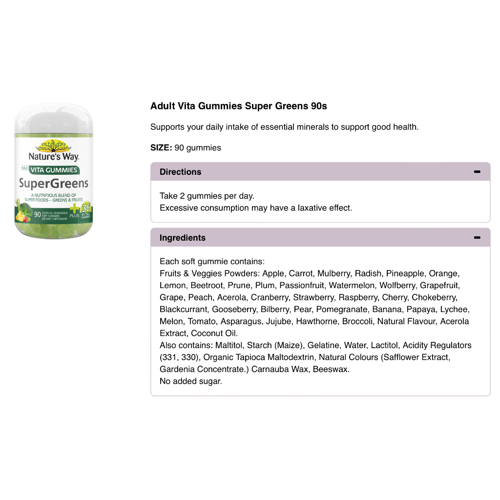HŨ 90 VIÊN KẸO DẺO NATURE'S WAY - BỔ SUNG VITAMIN - KHOÁNG CHẤT Vita Gummies SuperGreens, 36 THÀNH PHẦN SIÊU THỰC PHẨM
