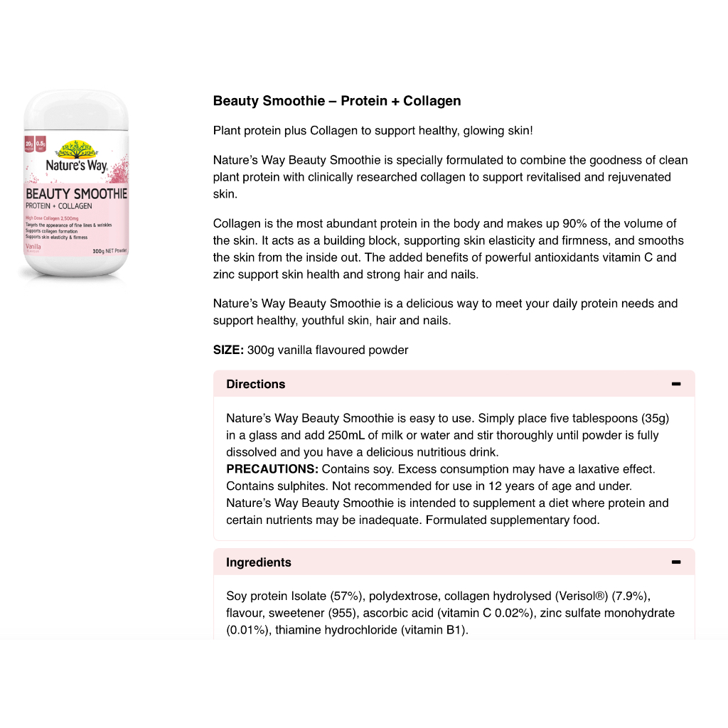 HŨ 300g BỘT ĐẠM PROTEIN - COLLAGEN 2.500mg - VITAMIN C - ZINC, Nature's Way Beauty Smoothie, VỊ VANILLA