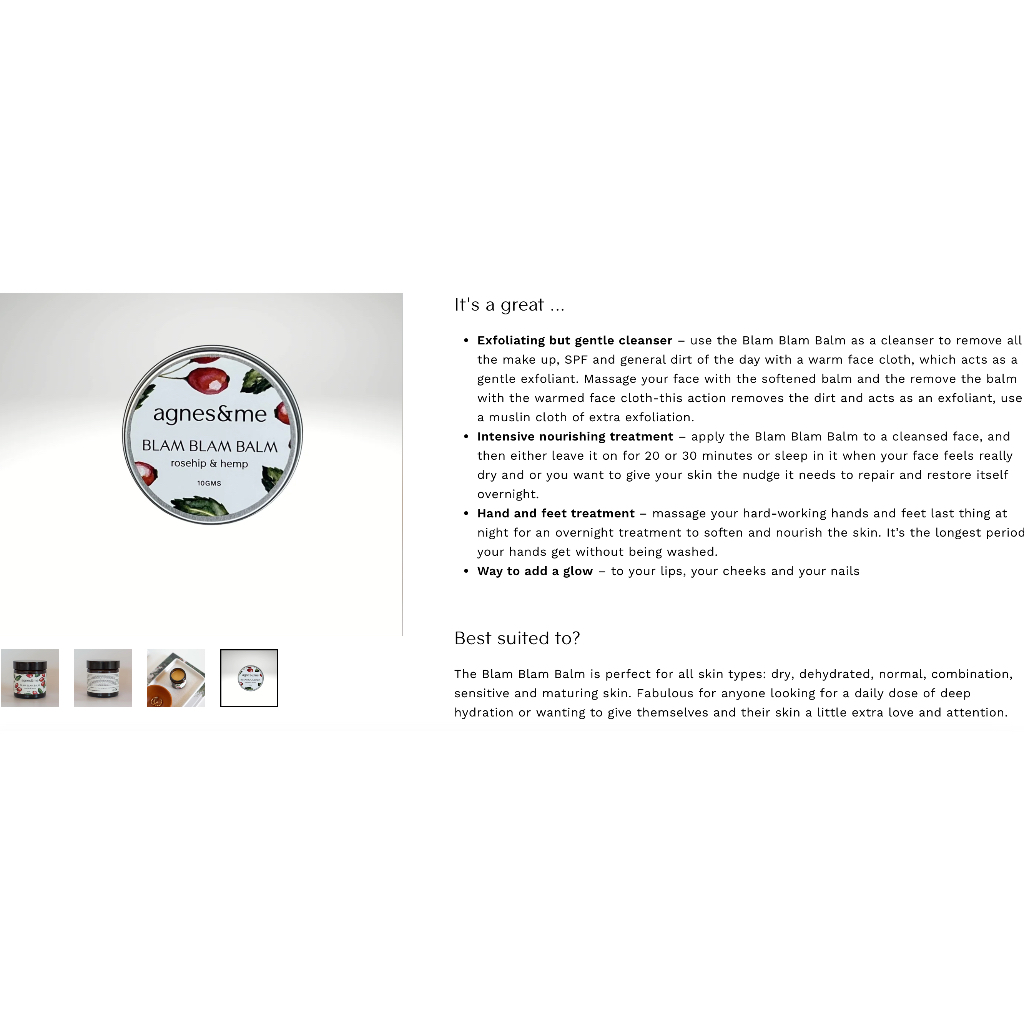 KEM DƯỠNG ĐA DỤNG CHO DA - MÔI - TÓC Blam Blam Beauty Balm with Organic Rosehip - Hemp, MINI - TRAVEL - TRIAL, 10g