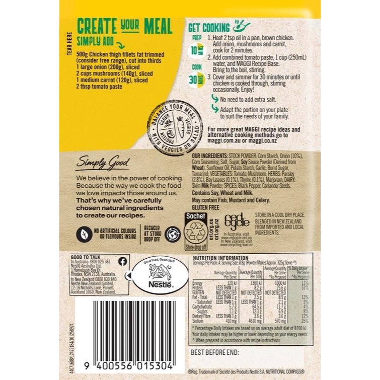 BỘT GIA VỊ GÀ Maggi Chicken, Apricot - Chasseur - Creamy - Chow Mein, THÀNH PHẦN TỰ NHIÊN Natural Ingredients