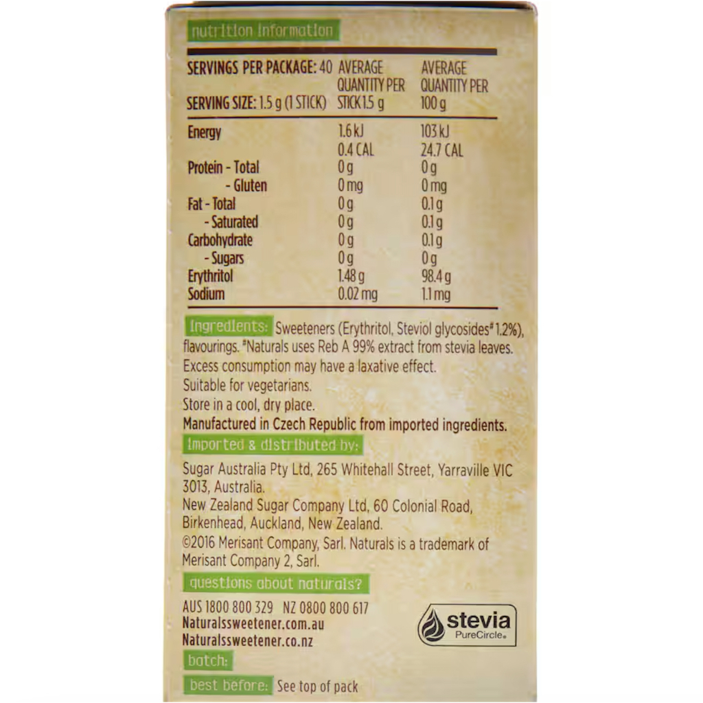 ĐƯỜNG ĂN KIÊNG Naturals Sugar Substitute Stevia Sticks, Non GMO, Gluten Free, 60g (40 gói)