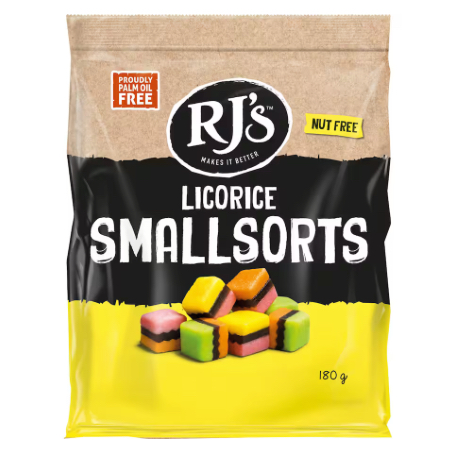 KẸO DẺO CAM THẢO ĐA SẮC RJ’s Licorice Smallsorts, KHÔNG HẠT Nut Free – KHÔNG DẦU CỌ Palm Oil Free, 180g