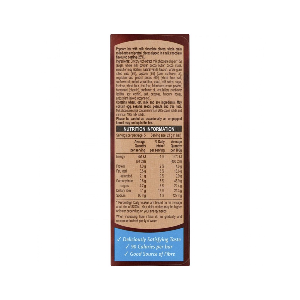 HỘP 5 THANH SOCOLA BẮP Fibre One Milk Chocolate Popcorn Bars, 105g