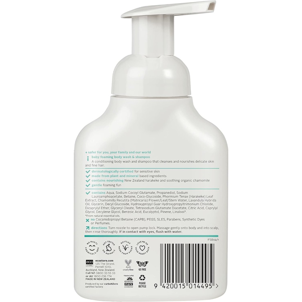 BỌT TẮM & GỘI CHO BÉ Ecostore Baby Body Wash & Shampoo Foaming, GE Free - Cruelty Free - ĐẠT KIỂM NGHIỆM DA LIỄU, 250ml