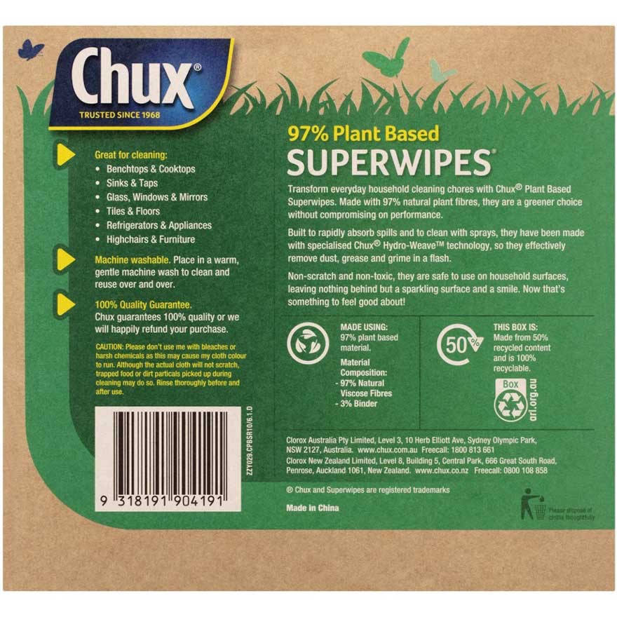 HỘP 10 KHĂN LAU BỤI - BẨN - DẦU MỠ 97% THỰC VẬT Chux Superwipes Plant Based Cleaning Cloths, THẤM HÚT NHANH, 60cm x 28cm