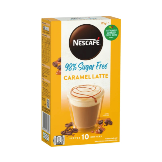HỘP 10 GÓI CAFE 98% KHÔNG ĐƯỜNG Nescafe Coffee Sachets - Sugar Free, Latte - Vanilla Malt - Caramel - Hazelnut - Mocha