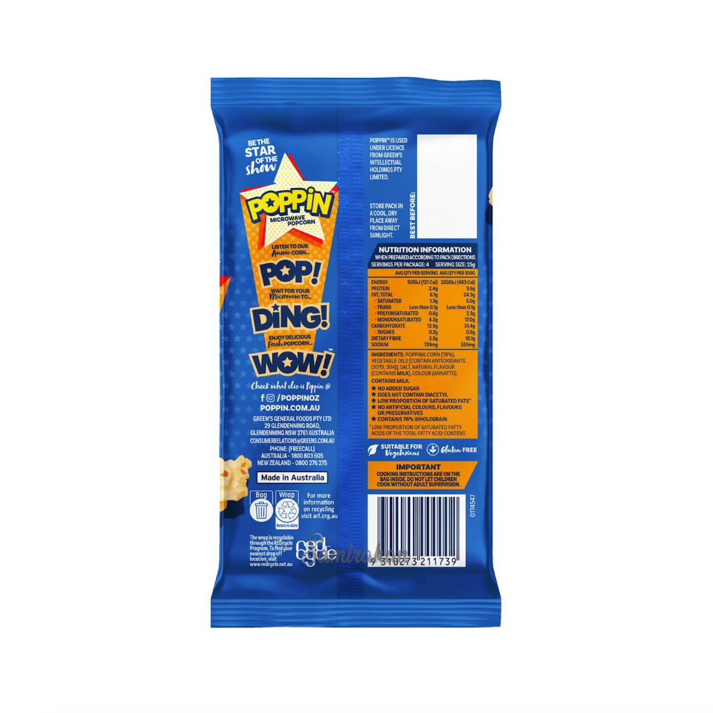 BẮP RANG BƠ LÒ VI SÓNG POPPIN Microwave Popcorn - Triple Butter Flavour, BẮP ÚC, 78% Whole Grain, Gluten Free, 100g