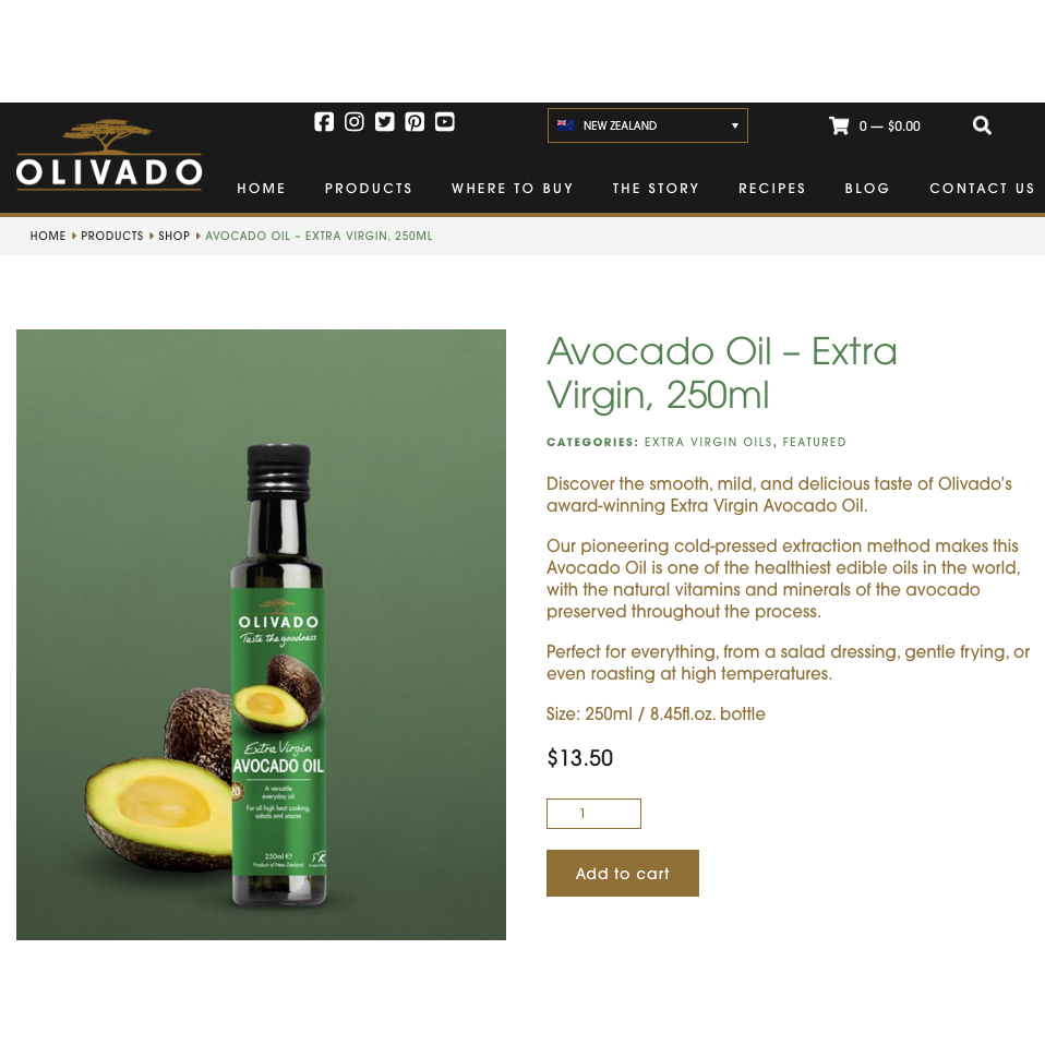 [Hàng New Zealand] DẦU BƠ NGUYÊN CHẤT - TINH KHIẾT ÉP LẠNH The Grove Gourmet / OLIVADO Avocado Oil Extra Virgin, 250ml