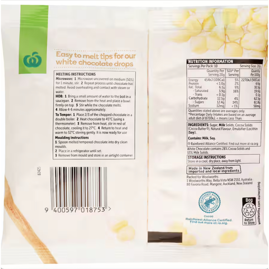 HẠT SOCOLA CHIPS TRẮNG NƯỚNG BÁNH Woolworths Chocolate Baking WHITE DROPS, 200g