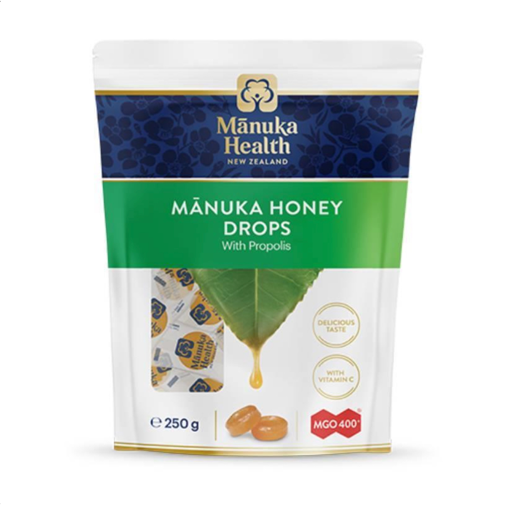 KẸO NGẬM MẬT ONG MANUKA Health Honey Lozenges VỊ LÝ CHUA ĐEN (Blackcurrant), CHANH, GỪNG, KEO ONG (Propolis), 65g (15v)
