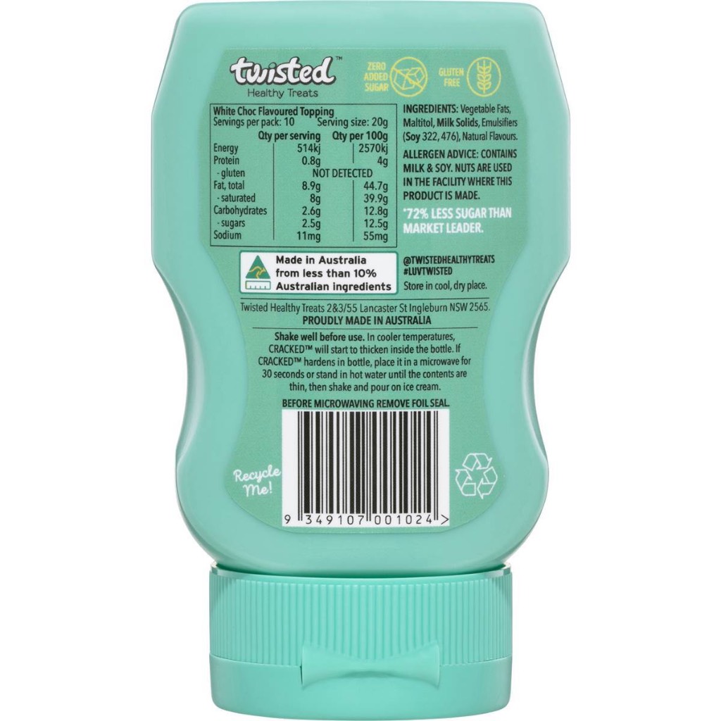 SỐT SOCOLA TRẮNG KHÔNG ĐƯỜNG Twisted Cracked WHITE CHOCOLATE Topping ZERO SUGARr, 200ml