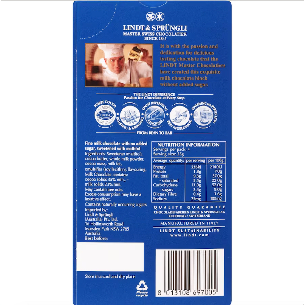 THANH SOCOLA KHÔNG ĐƯỜNG MÍA Lindt MILK Chocolate, No Sugar, 100g
