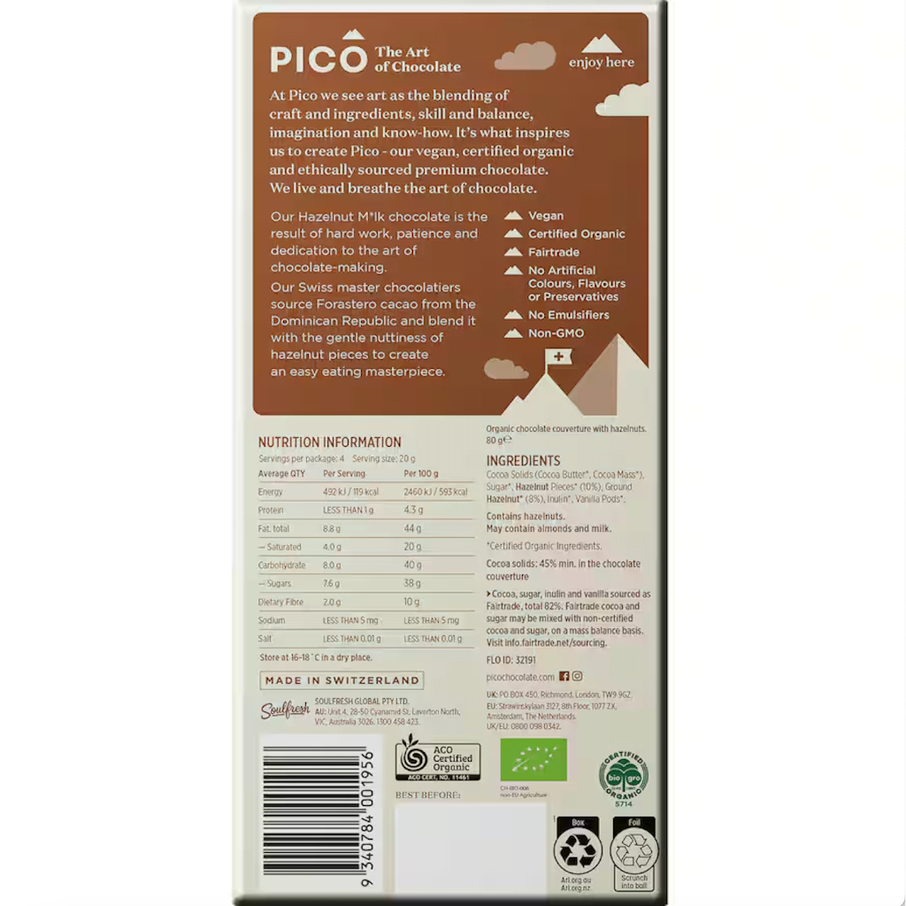 THANH SOCOLA THỤY SĨ - HỮU CƠ Pico Organic Chocolate Bar, Sea Salt, 80g