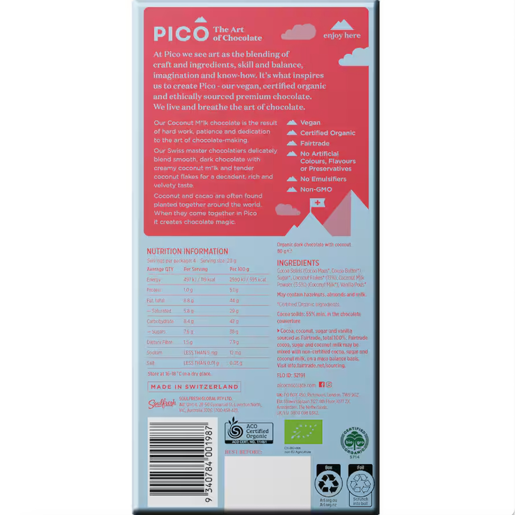 THANH SOCOLA THỤY SĨ - HỮU CƠ Pico Organic Chocolate Bar, Sea Salt, 80g