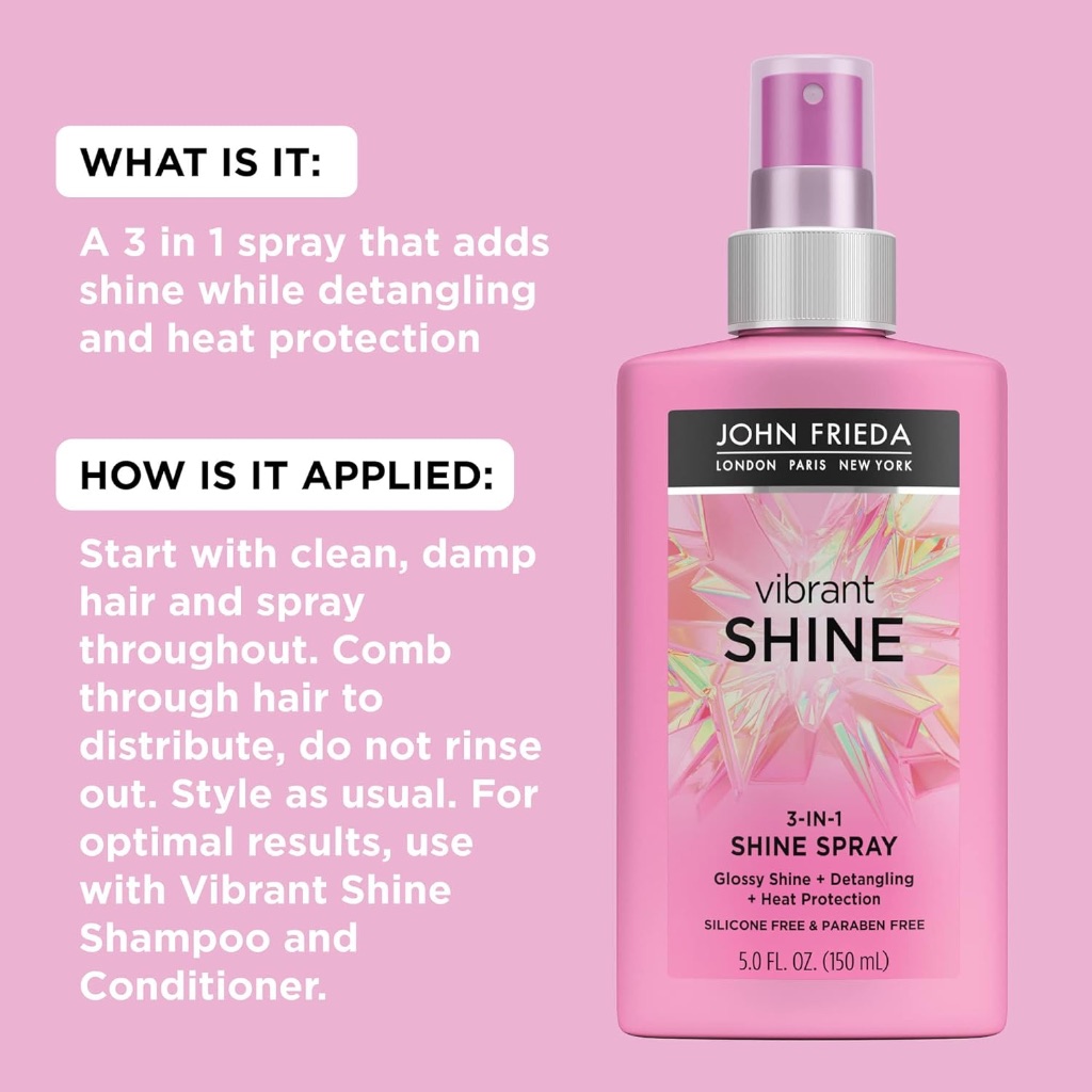 XỊT BÓNG 3 TRONG 1 John Frieda Vibrant Shine Spray, MƯỢT - GỠ RỐI - BẢO VỆ TÓC KHỎI NHIỆT, 150ml