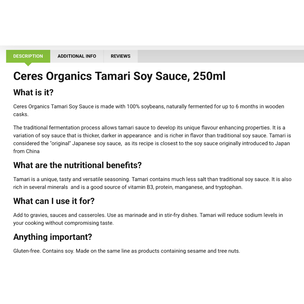 NƯỚC TƯƠNG HỮU CƠ Ceres Organics Tamari Soy Sauce, GLUTEN FREE - KHÔNG BỘT NGỌT, 250ml