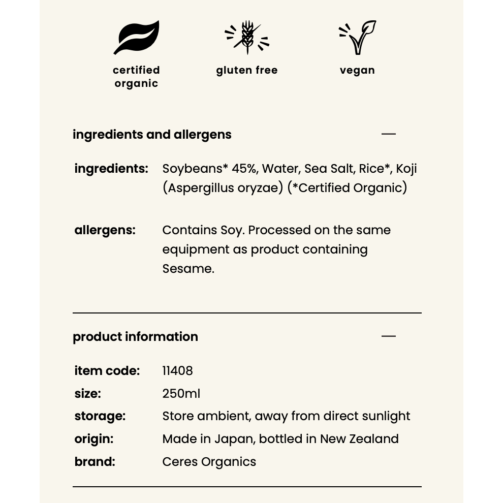 NƯỚC TƯƠNG HỮU CƠ Ceres Organics Tamari Soy Sauce, GLUTEN FREE - KHÔNG BỘT NGỌT, 250ml