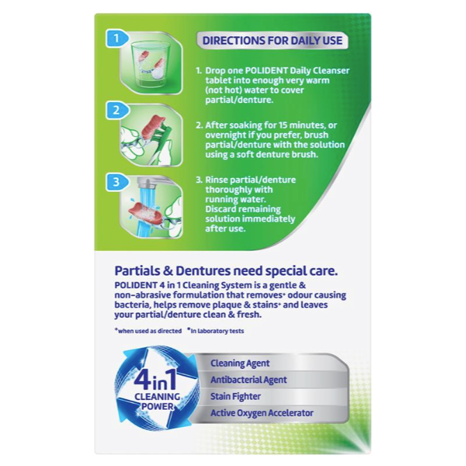 VIÊN SỦI NGÂM VỆ SINH RĂNG GIẢ / HÀM DUY TRÌ Polident Whitening Cleanser Tablets, 4 in 1 ƯU ĐIỂM