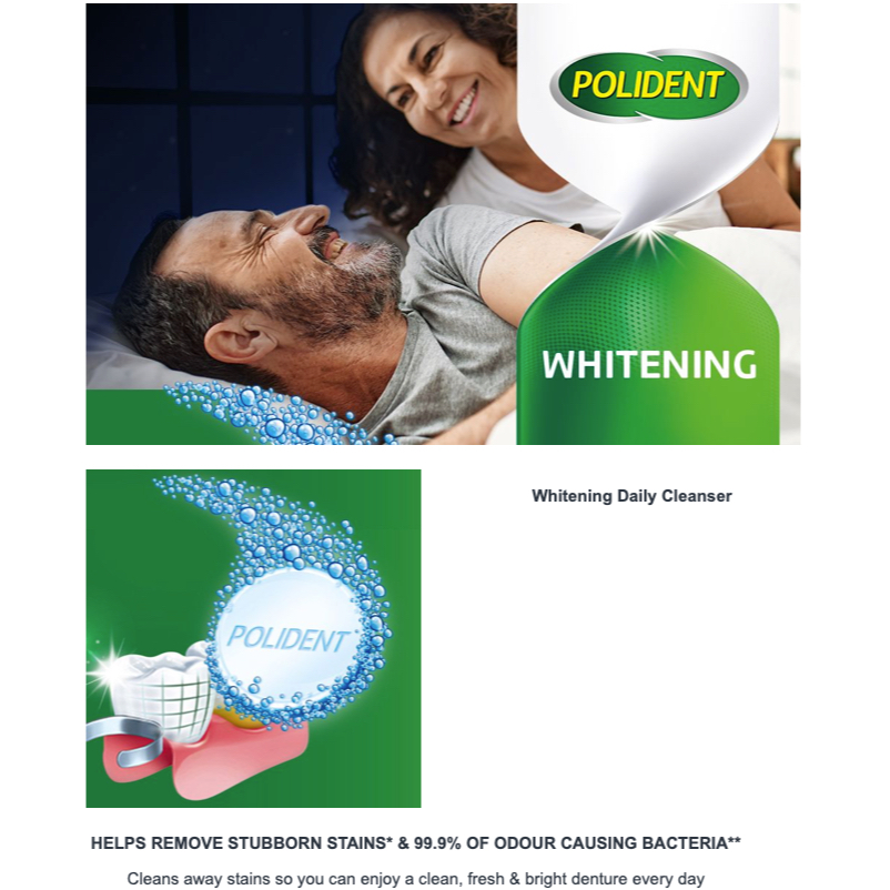 VIÊN SỦI NGÂM VỆ SINH RĂNG GIẢ / HÀM DUY TRÌ Polident Whitening Cleanser Tablets, 4 in 1 ƯU ĐIỂM