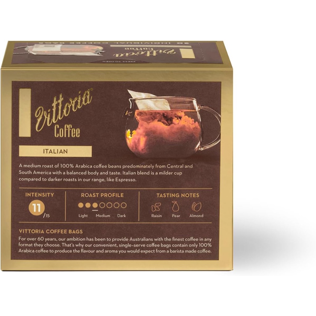 HỘP 20 TÚI LỌC CAFE Vittoria Coffee Bags Italian Blend, 100% ARABICA, Intensity 11, 114g
