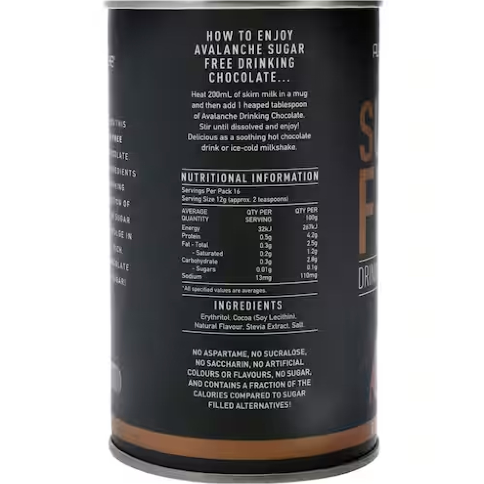 HŨ BỘT SOCOLA/CACAO Avalanche Drinking Chocolate, KHÔNG ĐƯỜNG Sugar Free, CỎ NGỌT Stevia, 200g