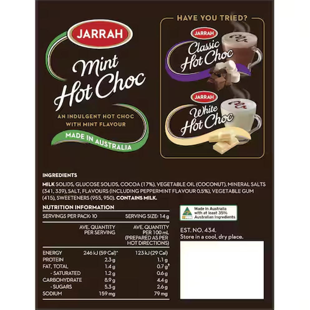 HỘP 8-10 GÓI BỘT SOCOLA ĐEN / BẠC HÀ Jarrah Hot Choc, DARK - MINT, MADE IN AUSTRALIA (112g - 140g)