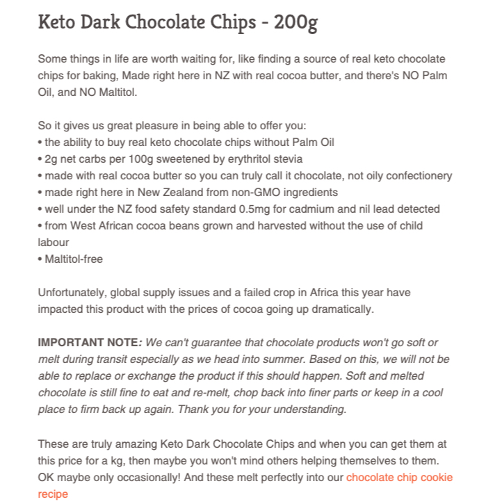 VỤN SOCOLA ĐEN ĂN KIÊNG Keto Store Chocolate Chip Đen – KHÔNG Đường / Dầu cọ, Low Carb, 200g