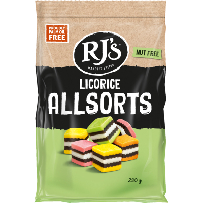 KẸO DẺO CAM THẢO ĐA SẮC RJ’s Licorice Smallsorts, KHÔNG HẠT Nut Free – KHÔNG DẦU CỌ Palm Oil Free, 180g