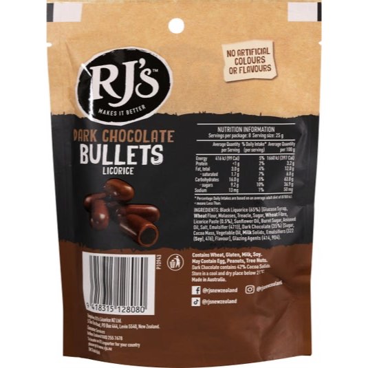 SOCOLA BỌC CAM THẢO DẺO RJ's Dark Chocolate Licorice Bullets, 200g