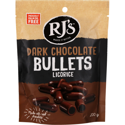 SOCOLA BỌC CAM THẢO DẺO RJ's Dark Chocolate Licorice Bullets, 200g