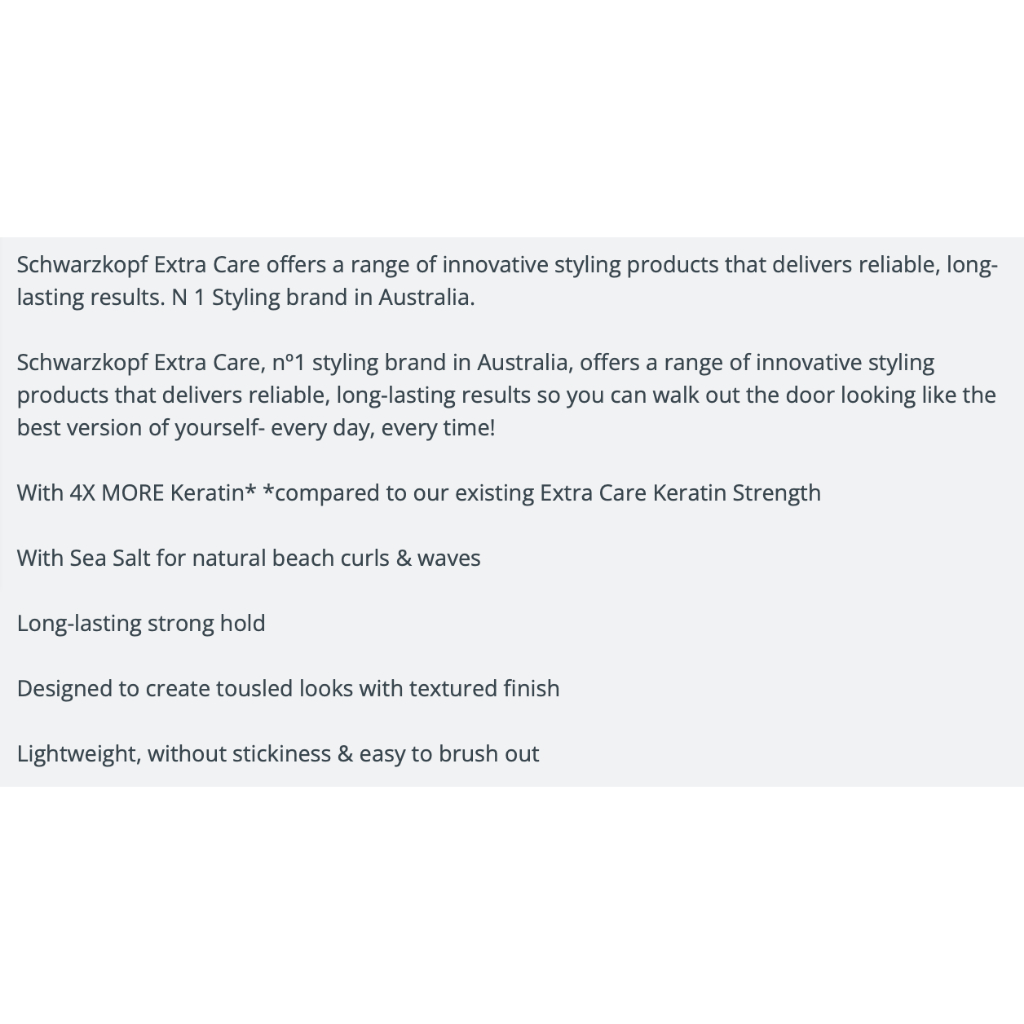 XỊT TẠO KIỂU TÓC Schwarzkopf Extra Care Keratin Sea Salt Spray, Giữ Nếp, Tự Nhiên, Không Bết, 250ml