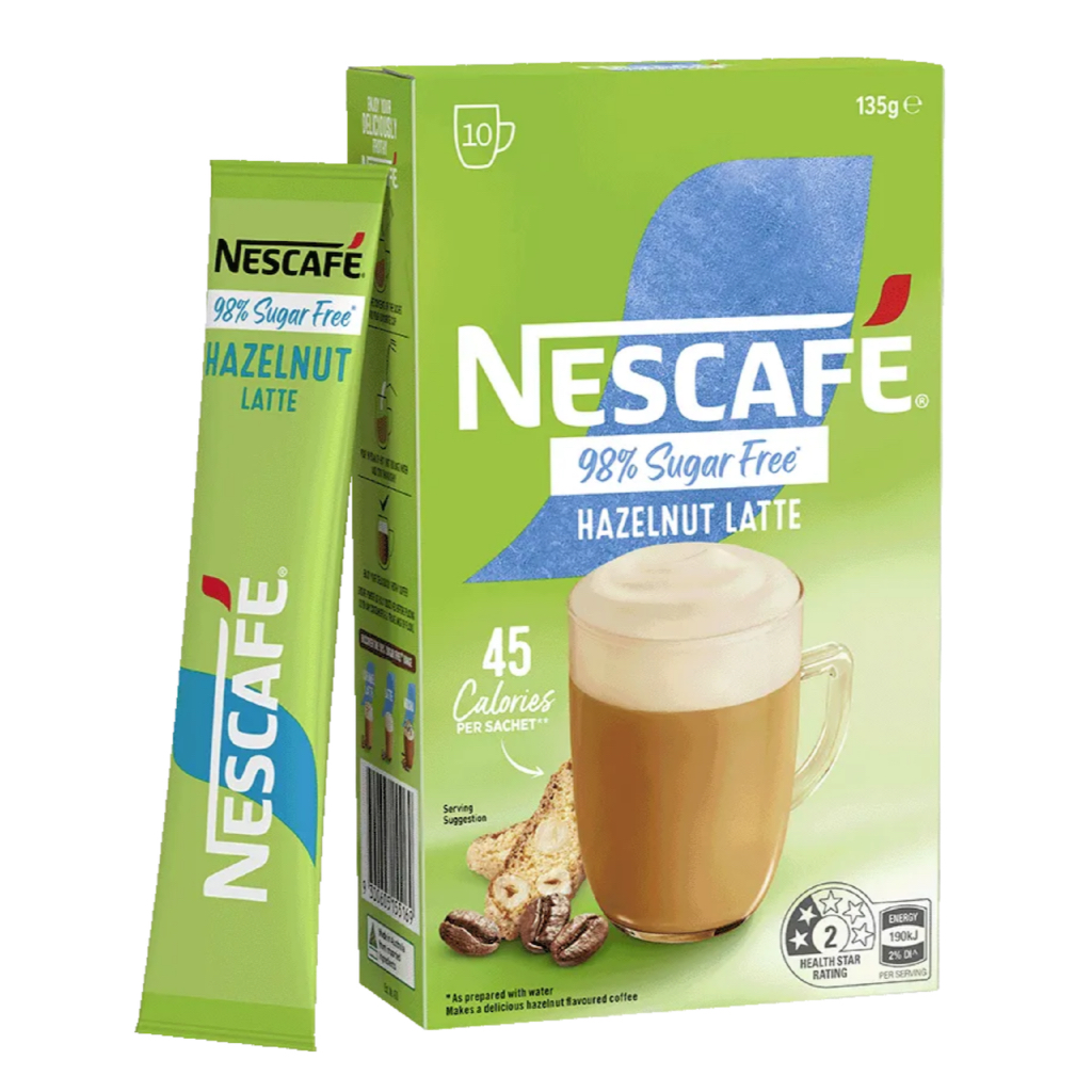 HỘP 10 GÓI CAFE 98% KHÔNG ĐƯỜNG Nescafe Coffee Sachets - Sugar Free, Latte - Vanilla Malt - Caramel - Hazelnut - Mocha